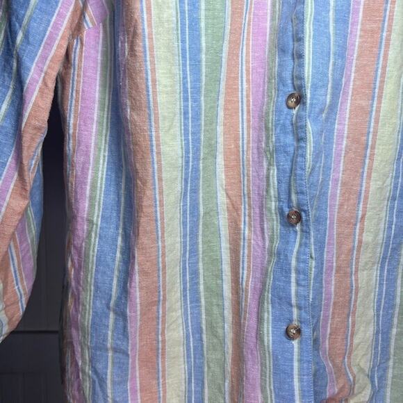 Vintage 2X Women's Rainbow Pastel Button Down Top Collar Striped Linen - Picture 6 of 9